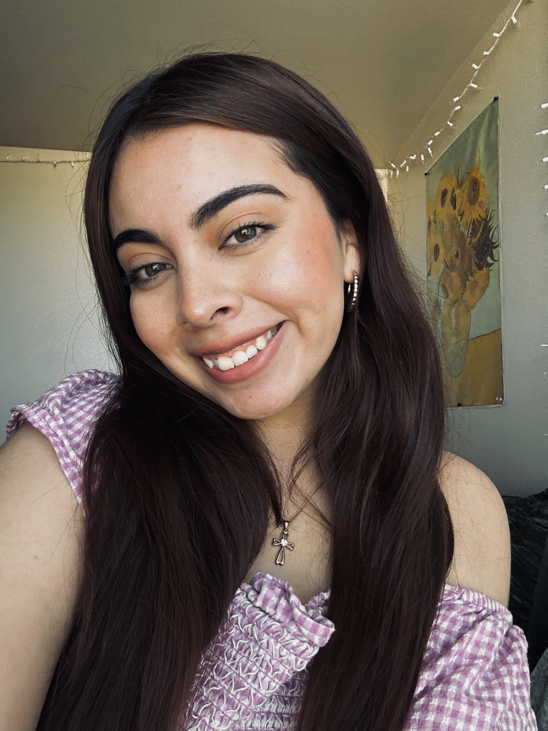 Photo of Paola Valdez Work-Study for Latin American Programs. The image portrays a young woman taking a selfie. She is smiling and has long, straight dark brown hair that drapes over her shoulders. Her skin is smooth with a natural glow, and she has neatly groomed eyebrows. She wears a pink and white plaid off-shoulder top and a thin necklace with a cross pendant. Her ear is adorned with a small hoop earring. In the background, there is a white wall decorated with string lights and a poster or painting of sunflowers in a vase, which adds a touch of color and artistic texture to the setting. The lighting appears natural, enhancing the warmth and clarity of the photo.