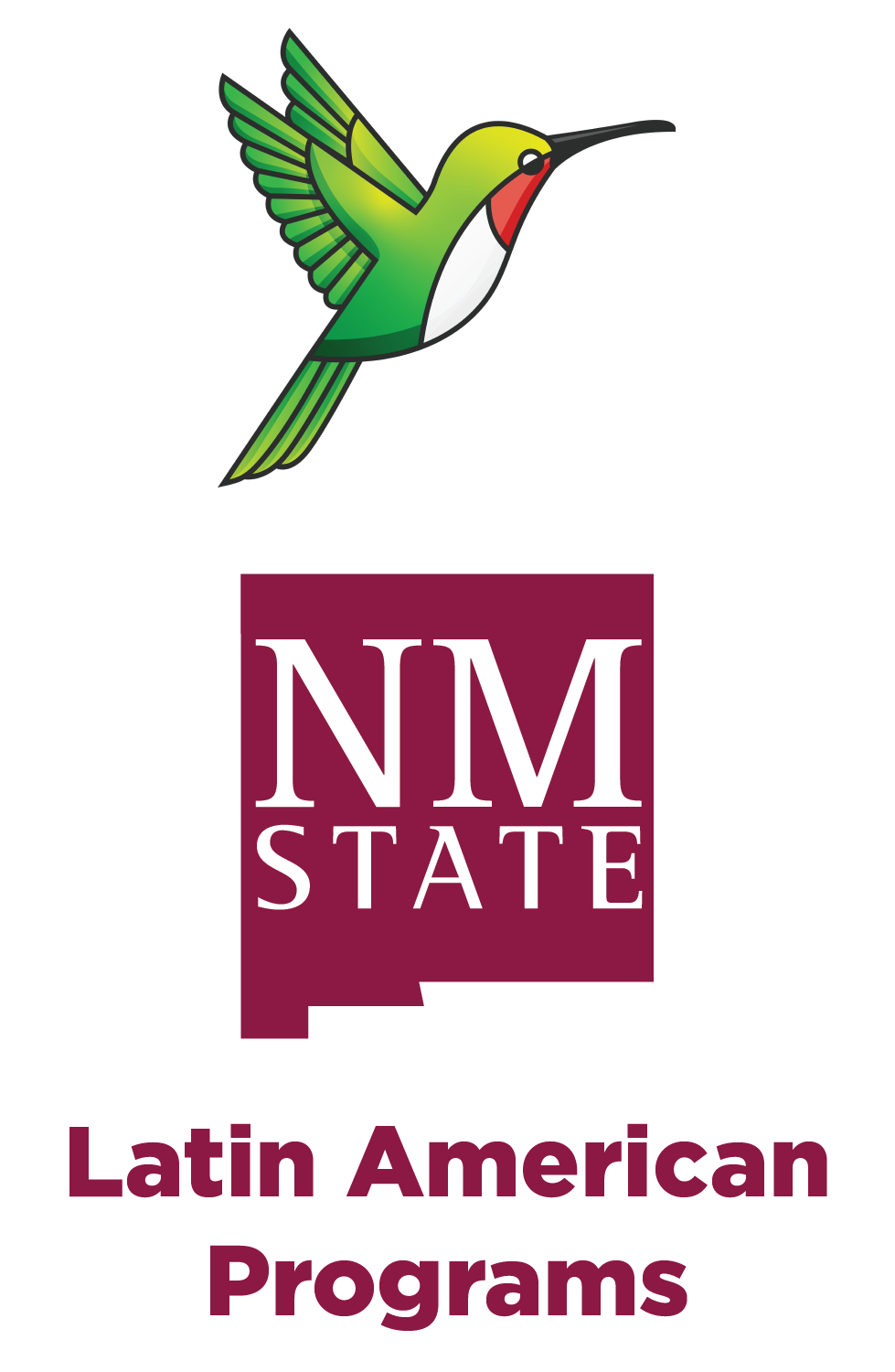 The image features a stylized representation of a green hummingbird flying, positioned at the top center. Below the hummingbird is a maroon-colored rectangular emblem with the white text "NM STATE" inside. Directly beneath the emblem, the words "Latin American Programs" are written in maroon-colored text. The background is white.