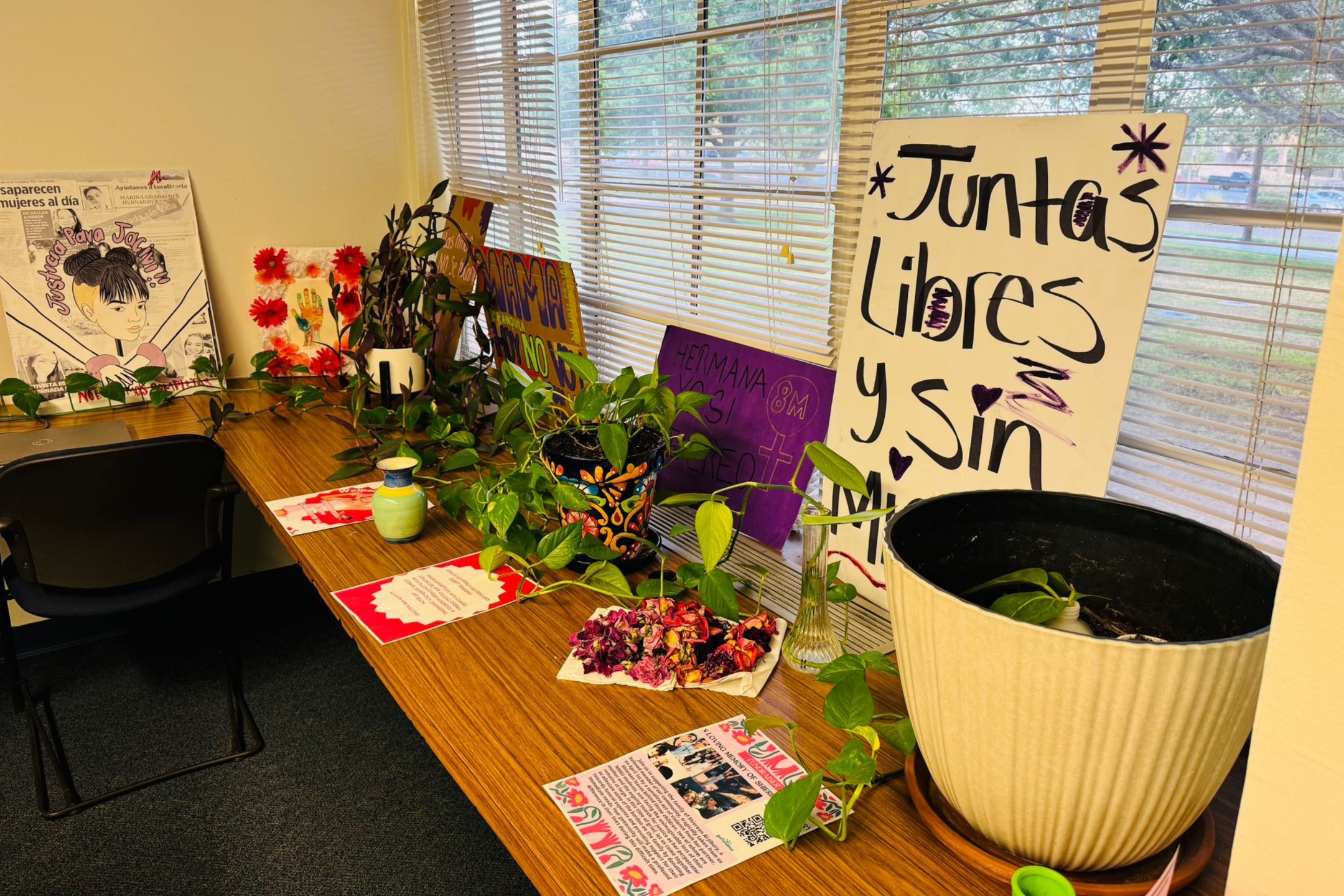 A picture of an the Lab of Latin American Program. he image depicts a brightly lit room with a corner of a wooden table set against large windows with horizontal blinds. The table is adorned with various items including potted plants with green foliage, colorful protest signs, and artworks. The artworks and signs include bold text and vibrant colors, predominantly purples, yellows, and reds. Notable elements on the table include a sign with a portrait of a woman with text in Spanish, posters with phrases related to women's rights, a vase with a blue and green gradient, a white mug, and some printed literature and pamphlets.